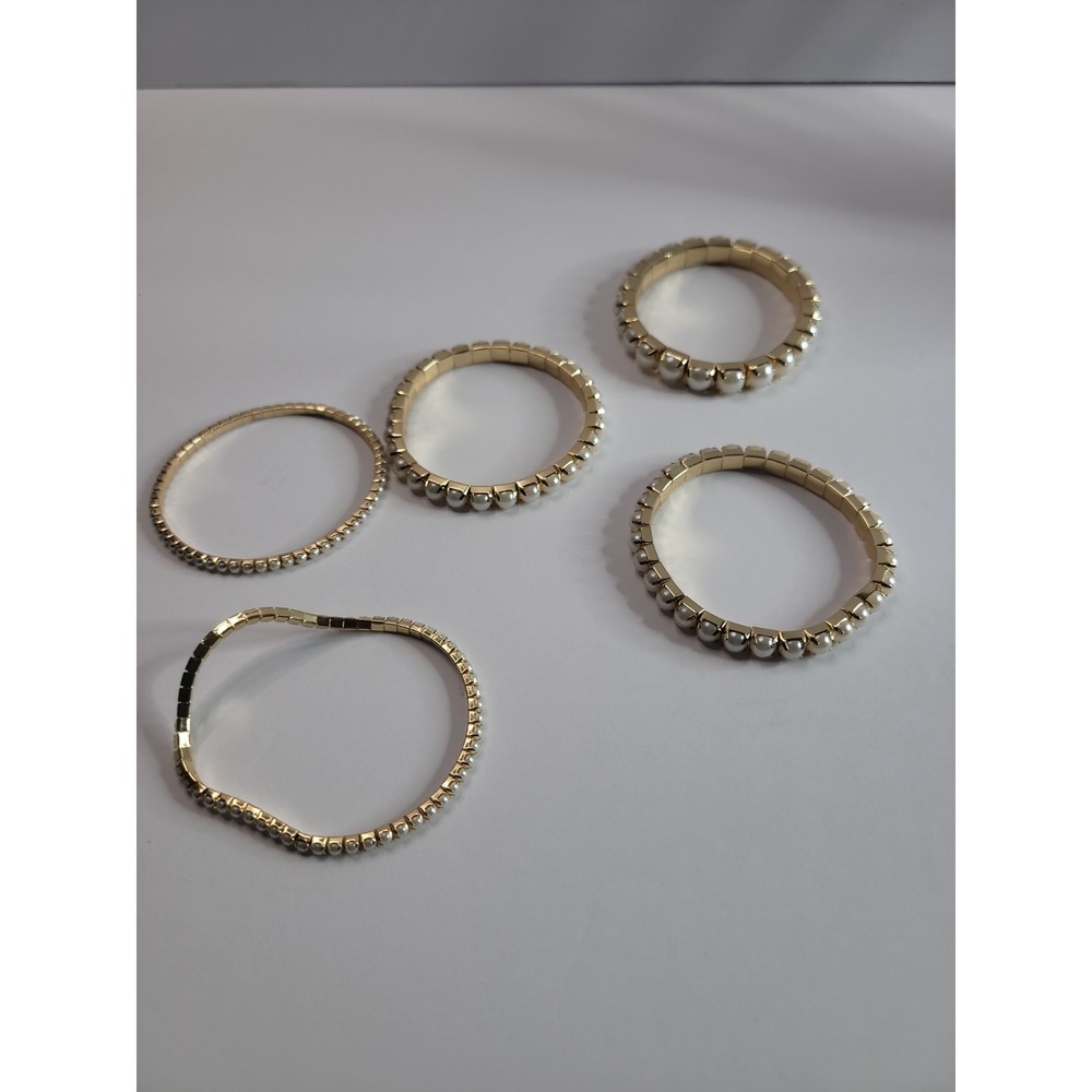 Lot of 5 Gold Tone White Beaded Stretch Bracelets Stackable Bundle